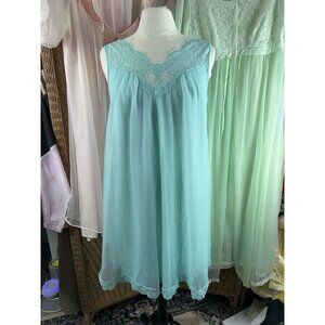 vanity fair nightgown Small Aqua Blue  Chiffon Peignoir Lace Vintage